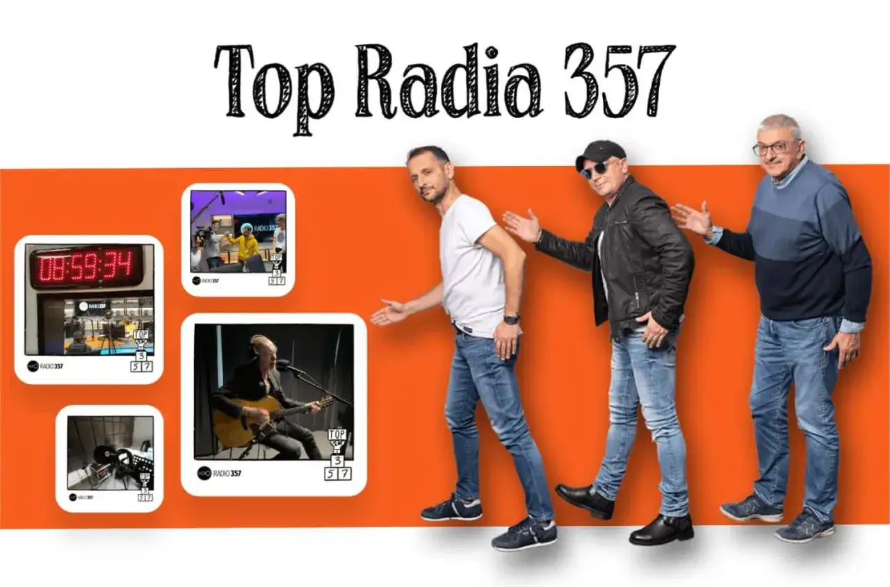 Trzech mężczyzn idzie w rytm muzyki z radia. Na ekranach widać fragmenty studia i zegar. To wszystko dla listy wszechczasów 357.