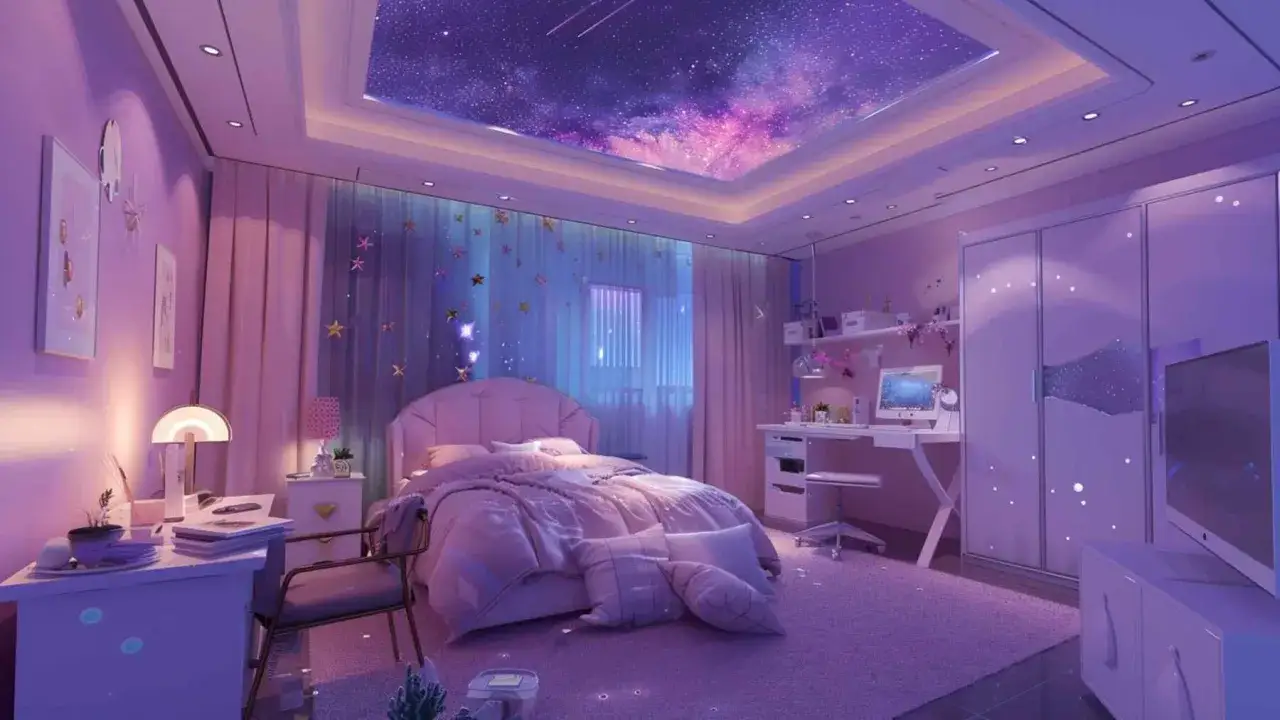 Ein Schlafzimmer mit einem atemberaubenden **Galaxy Muster** an der Decke und an den Wänden. Sterne und Nebel in Lila und Rosa schaffen eine magische Atmosphäre.