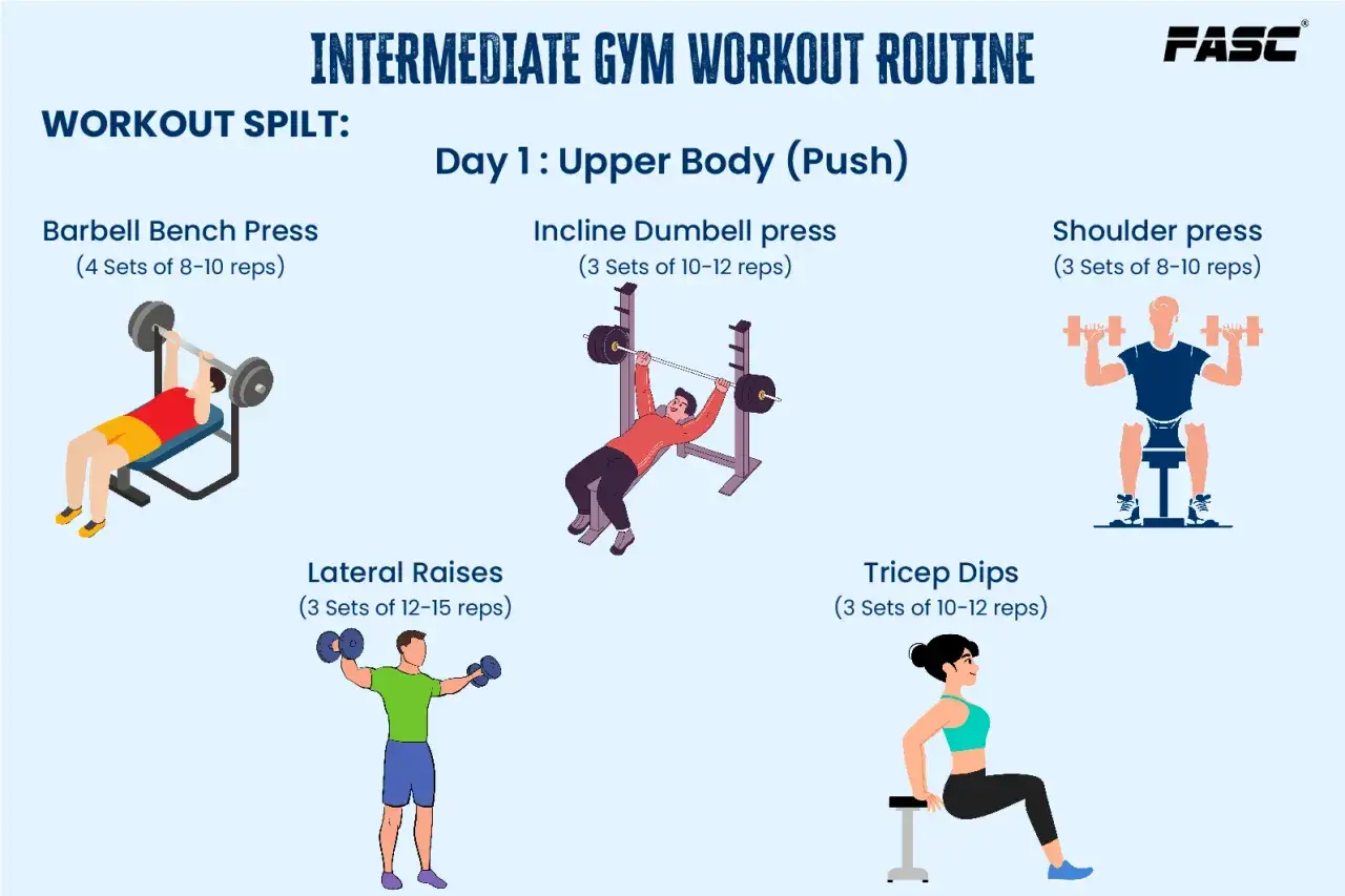 Routine pour prendre du muscle rapidement : développé couché, développé incliné, développé épaules, élévations latérales, dips.