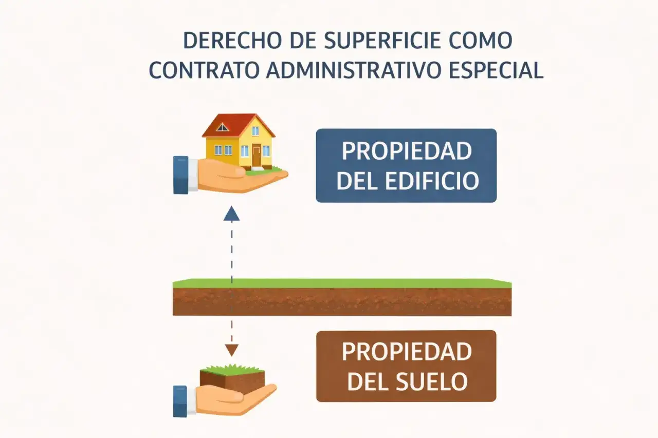Ilustraci&oacute;n que muestra la separaci&oacute;n de la propiedad del edificio y del suelo, ejemplificando el derecho de superficie.