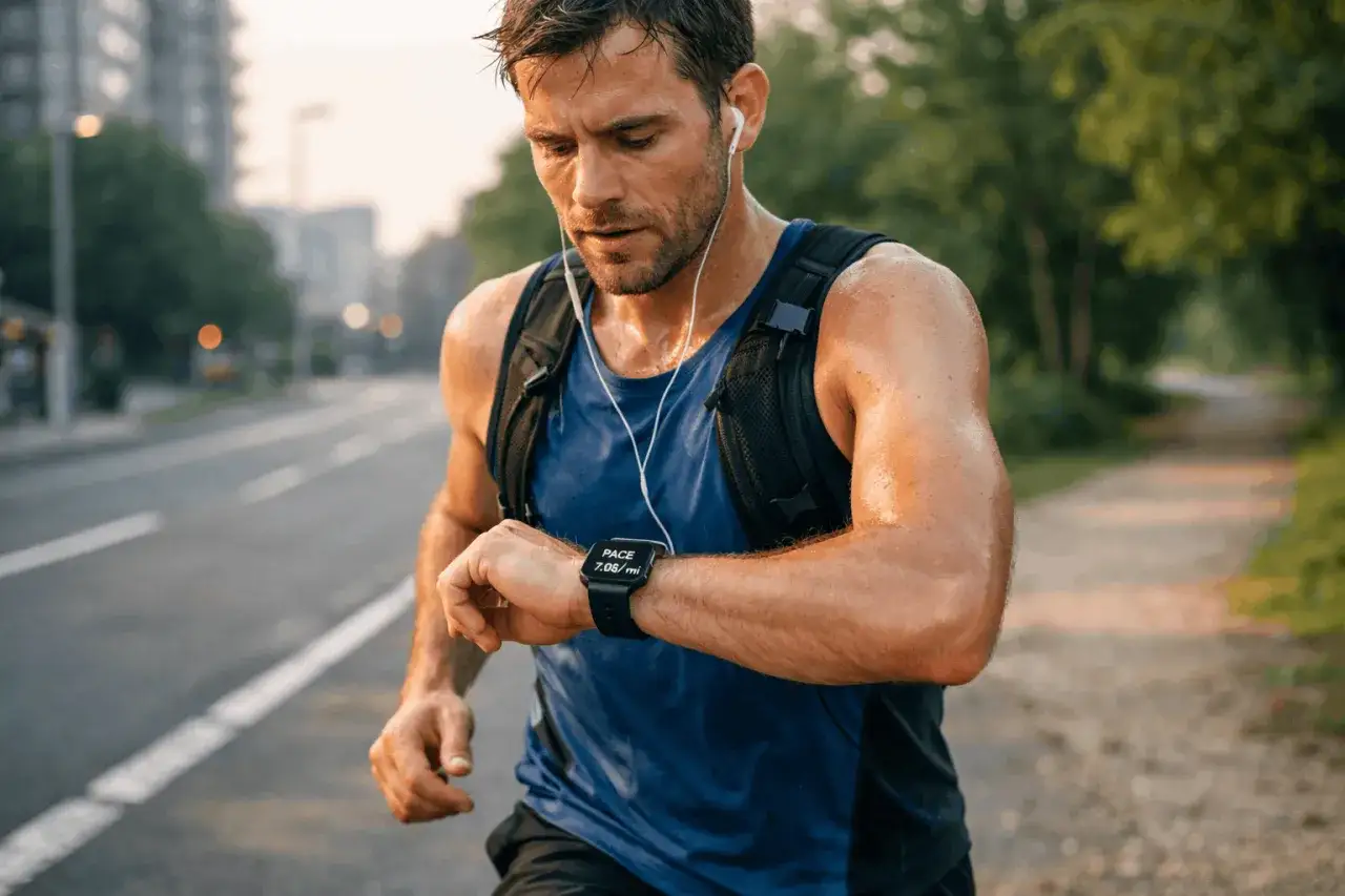 Uomo sudato controlla il suo orologio sportivo per monitorare il ritmo medio corsa, con auricolari e zaino da running.