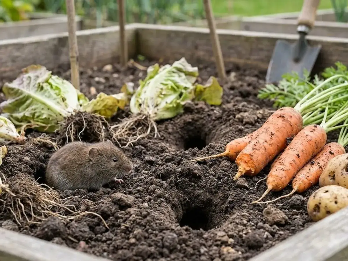 Un rat taupier sort de son terrier dans un potager, près de carottes et de laitues fraîchement arrachées.