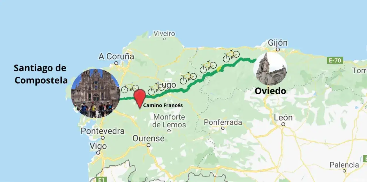 Mapa del **camino primitivo en bici** desde Oviedo hasta Santiago de Compostela, con iconos de bicicletas marcando la ruta.
