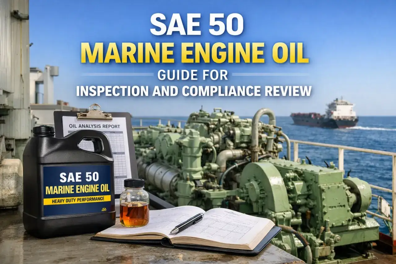 Guide pour choisir huile moteur SAE 50. Bidon d'huile, échantillon, carnet et rapport d'analyse sur un bateau.