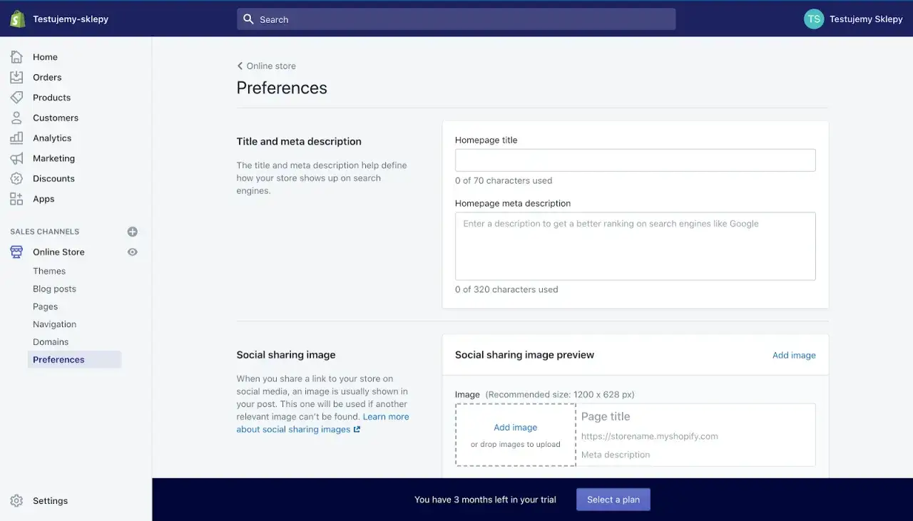 Ustawienia preferencji sklepu online Shopify. Optymalizacja tytułu i meta opisu dla lepszej widoczności w wyszukiwarkach.