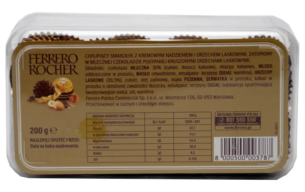Opakowanie Ferrero Rocher. Tabela wartości odżywczych podaje, że 100g ma 2506 kJ / 603 kcal.