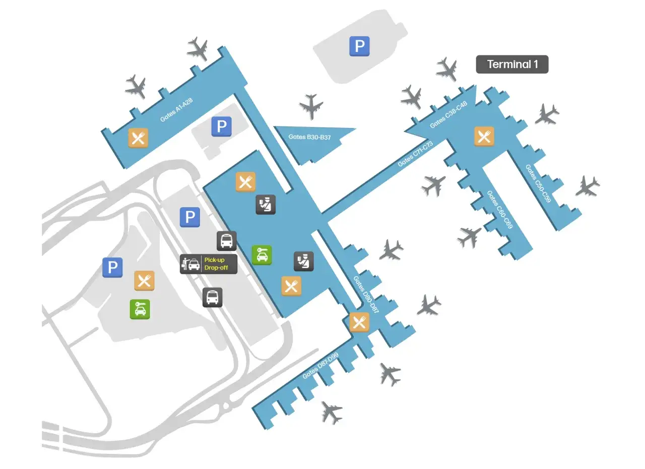 Plan lotnisko Majorka: Terminal 1 z bramkami A1-D99, parkingami (P), punktami odbioru/wysiadki, restauracjami (☑) i samolotami.