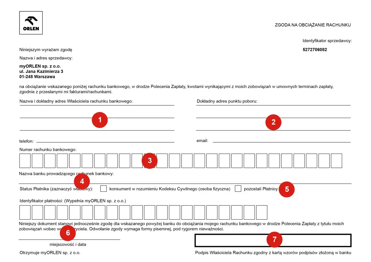 Formularz zgody na obciążenie rachunku bankowego myORLEN sp. z o.o. z numerem klienta 5272706082.