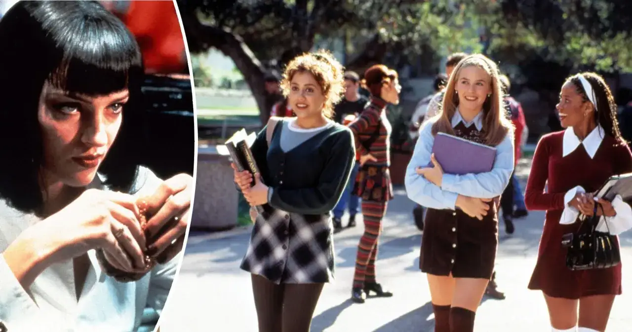 En collage av ikoniska scener från svenska ungdomsfilmer 90-talet. En kvinna med lugg och en grupp tjejer på en skolgård.