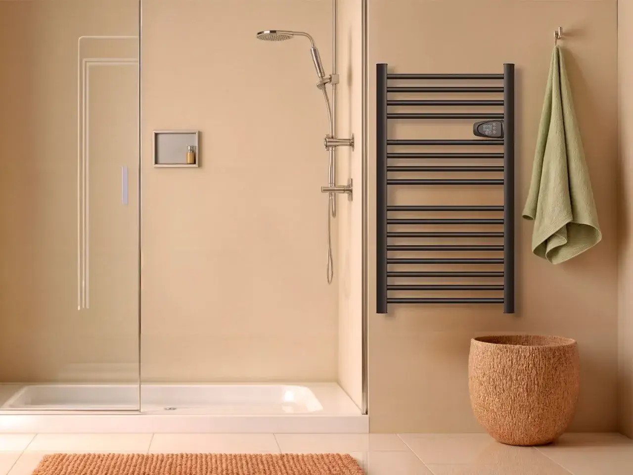 Modernes Bad mit Dusche und schwarzer bad elektroheizung, die Handt&uuml;cher w&auml;rmt. Ein Korb steht daneben.