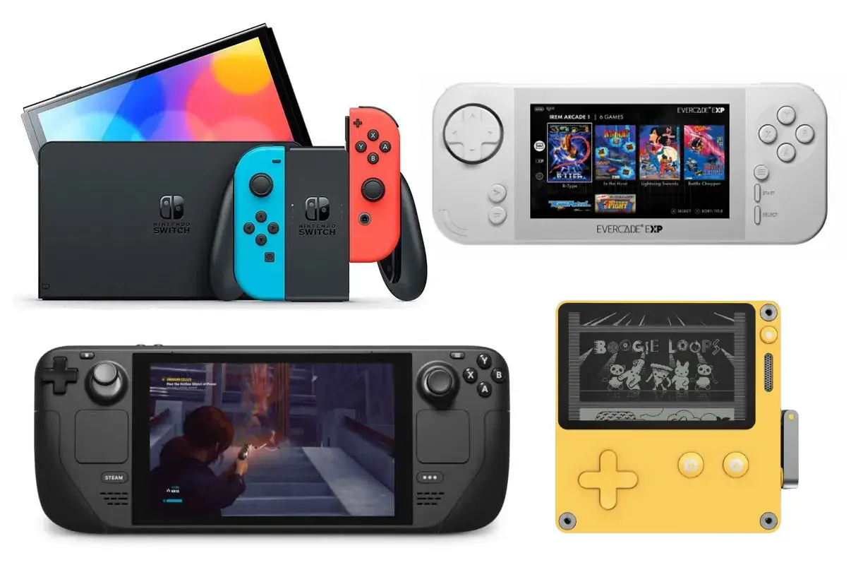 Comparativa de las mejores consolas port&aacute;tiles: Nintendo Switch, Steam Deck, Evercade EXP y una mini consola retro amarilla.