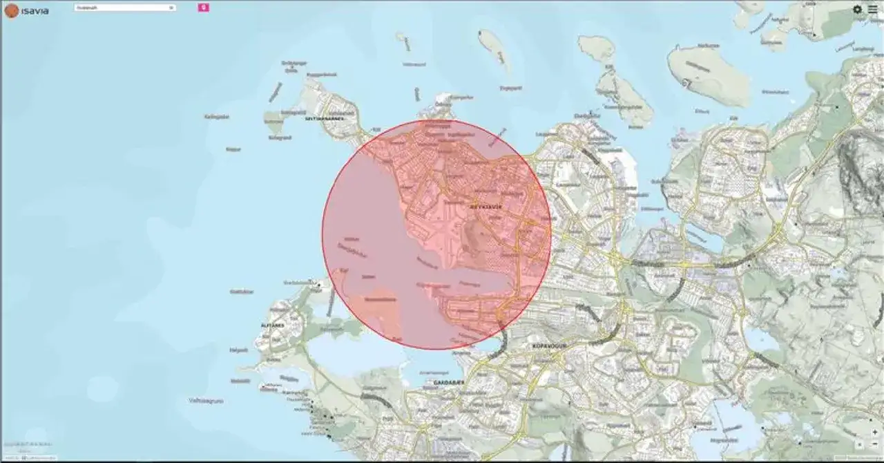 Karte von Island mit markiertem Gebiet um Reykjavik. Eine Drohne könnte hier fliegen, um die Stadt aus der Luft zu erkunden.