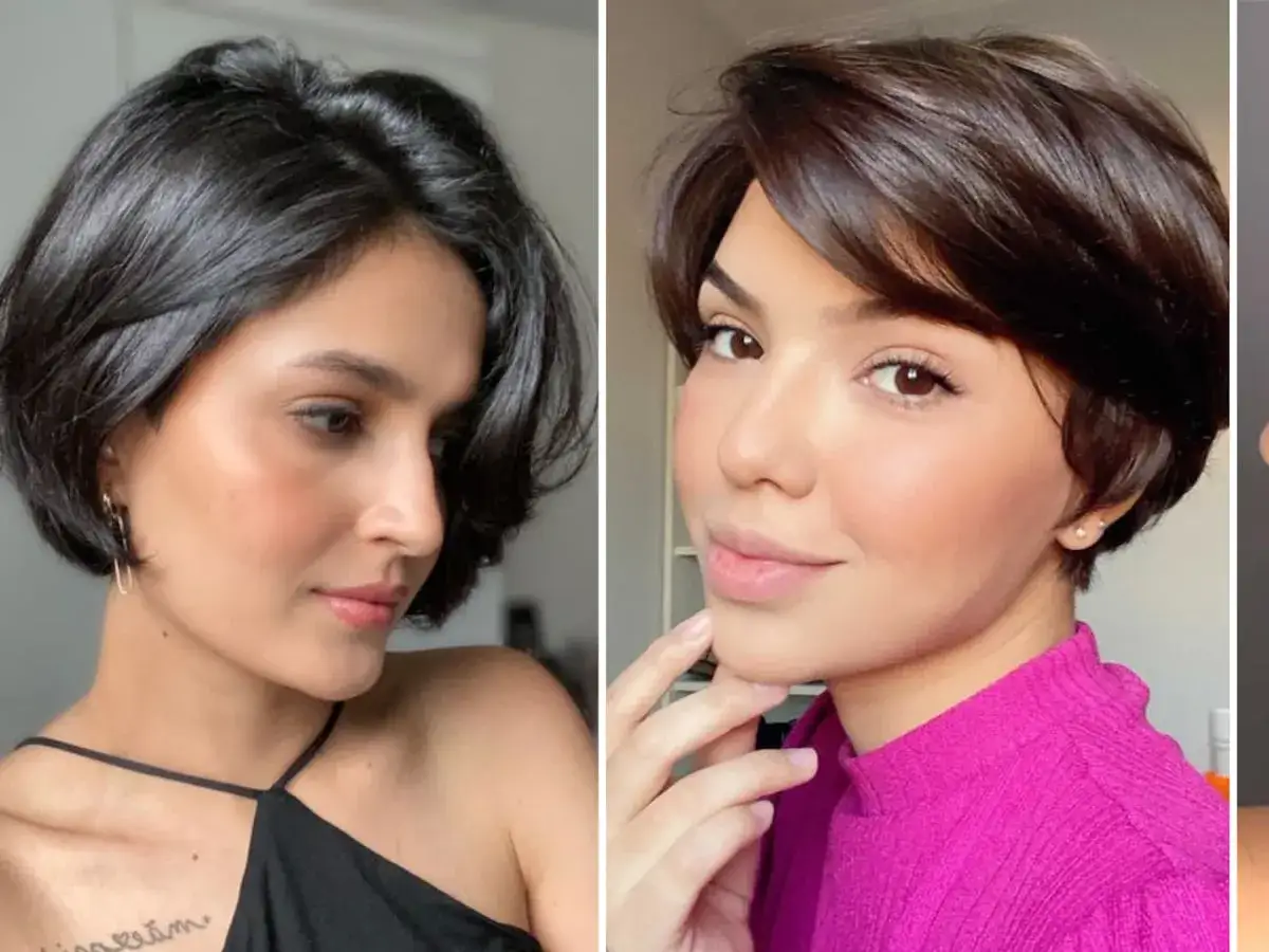 Dos mujeres con un elegante corte pixie, una con cabello oscuro y otra con cabello castaño, lucen sus peinados modernos y chic.