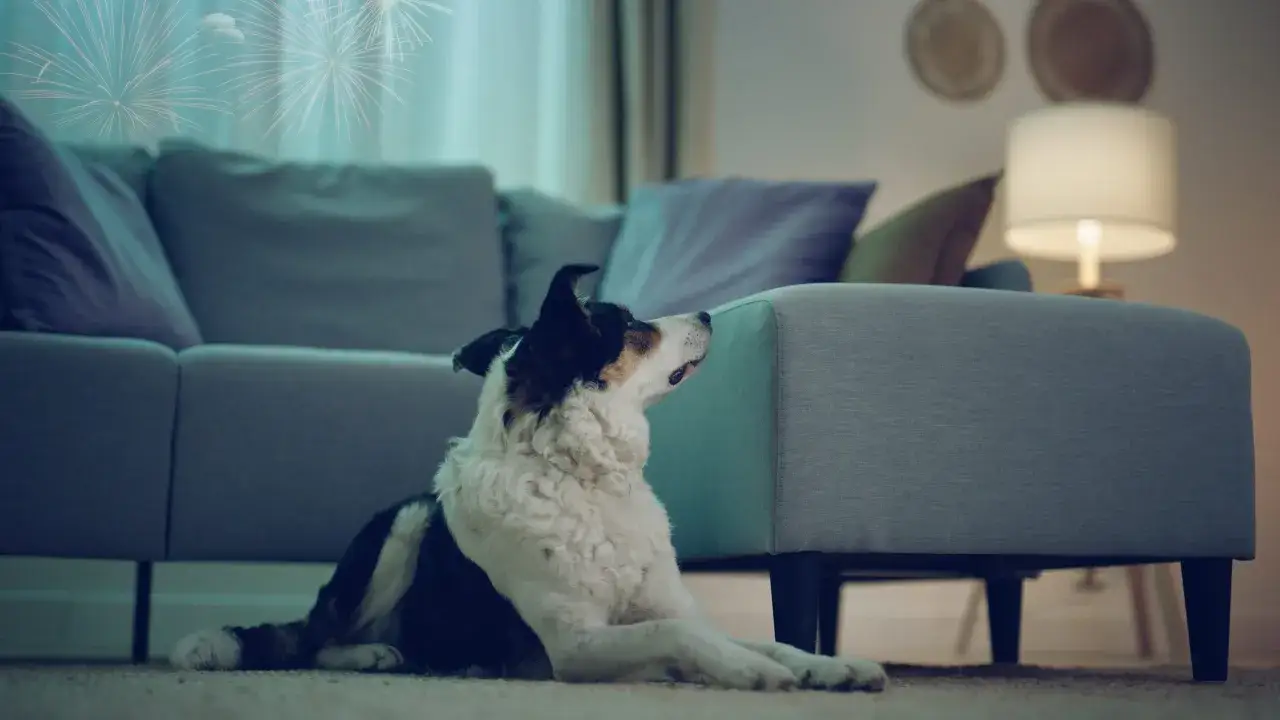 Een hond, overgevoelig voor geluid, ligt onrustig op de grond, luisterend naar het vuurwerk buiten.