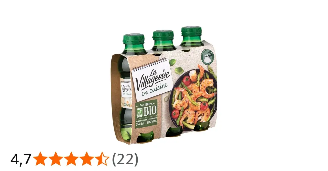 Pack de 3 bouteilles de vin blanc bio La Villageoise, idéal pour une recette avec vin blanc. L'image montre une suggestion de présentation avec des crevettes et des asperges.