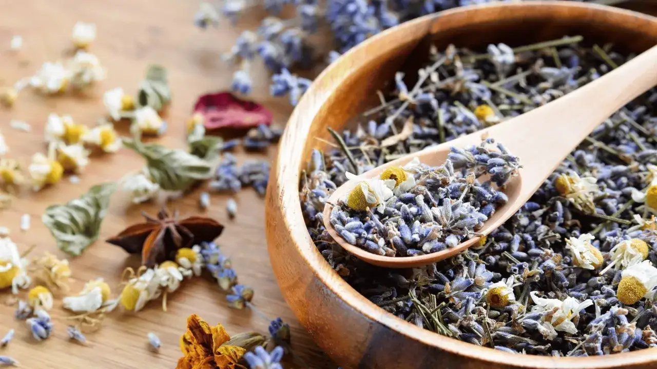 Cuill&egrave;re en bois remplie de lavande s&eacute;ch&eacute;e, &eacute;voquant les bienfaits de la lavande s&eacute;ch&eacute;e pour la relaxation et le bien-&ecirc;tre. Des fleurs de camomille et de la badiane sont dispers&eacute;es.