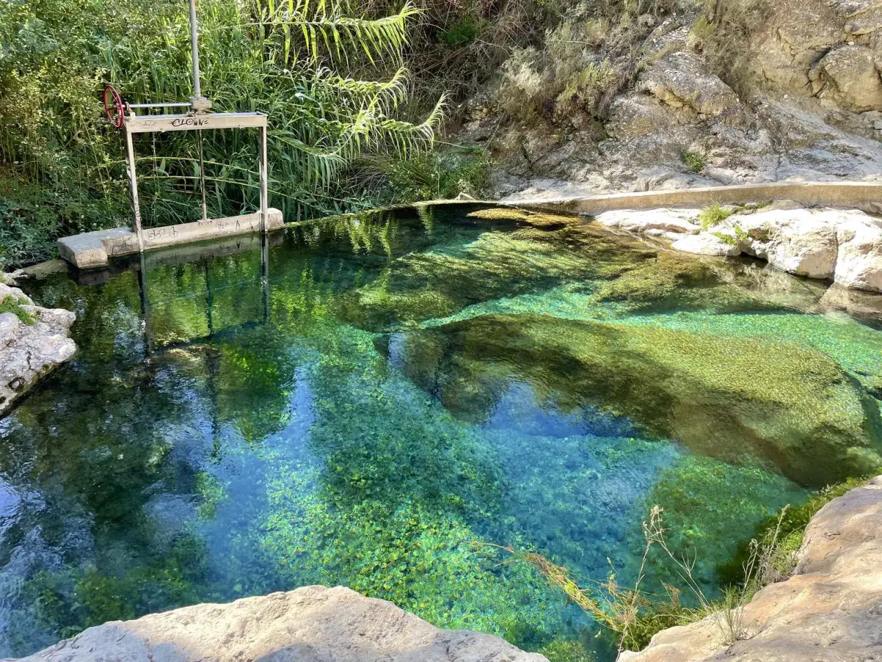 Aguas cristalinas en los ba&ntilde;os de Somogil, con vegetaci&oacute;n exuberante y rocas.