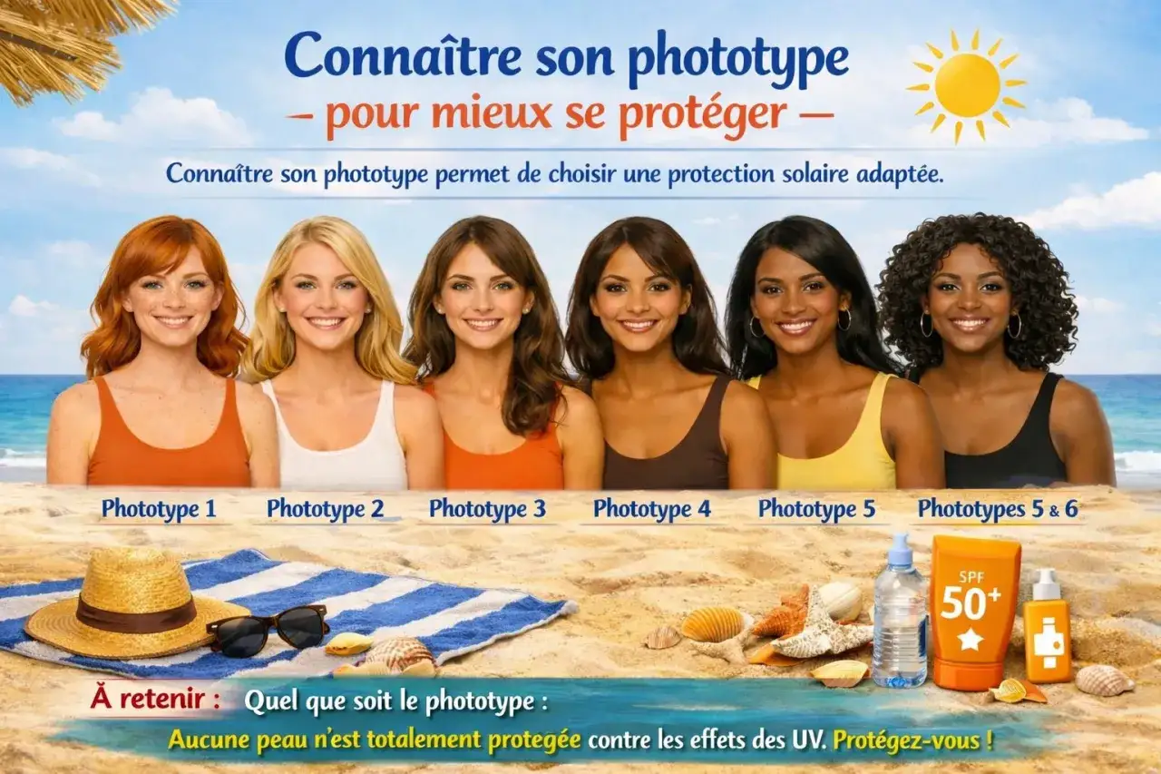 Six femmes aux teints variés, de la rousse pâle à la peau foncée, illustrent les phototypes. Un message rappelle l'importance de la protection solaire pour un capital bronzage optimal.
