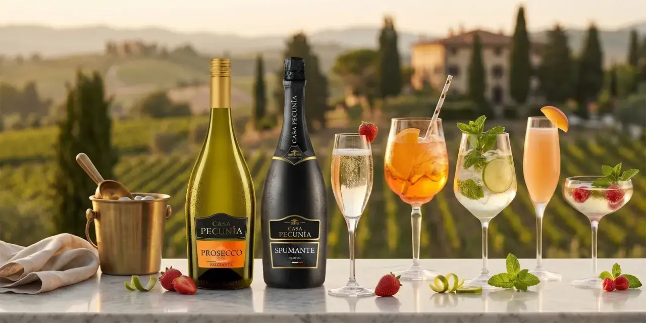 Casa Pecunia Prosecco Frizzante: lekko musujące wino idealne na włoskie aperitivo. W tle winnice.