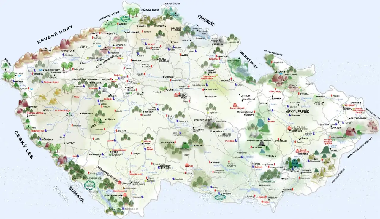 Mapa atrakcji Czech: góry, zamki, miasta i zabytki. Odkryj czeskie atrakcje!