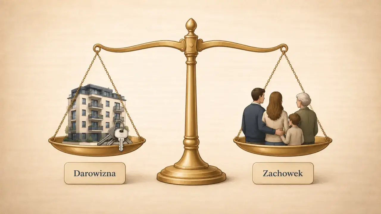 Waga szalkowa z darowizną (budynek, klucze) kontra rodzina (dziadkowie, rodzice, dziecko) symbolizująca zachowek. Przedawnienie roszczeń.