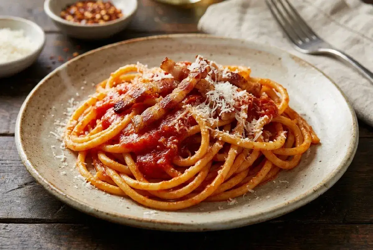 Un piatto di bucatini all'amatriciana ricetta originale di Amatrice, con guanciale croccante e pecorino grattugiato.