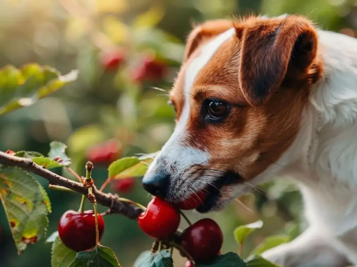 Ein neugieriger Hund schnuppert an reifen Kirschen, die an einem Ast h&auml;ngen.