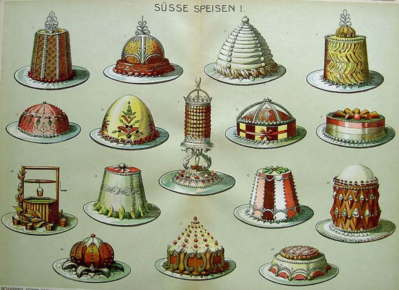 Dessins de pâtisseries élaborées, inspirées par le style de Marie-Antoine Carême. Des gâteaux aux formes variées, ornés de glaçages et de décorations complexes.