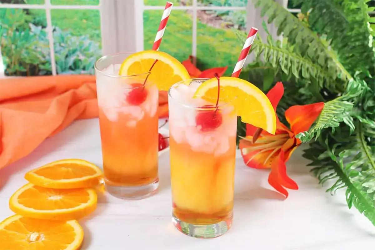 Dwa orzeźwiające drinki z grenadiną, ozdobione pomarańczą i wiśnią, gotowe na letnie przyjęcie.