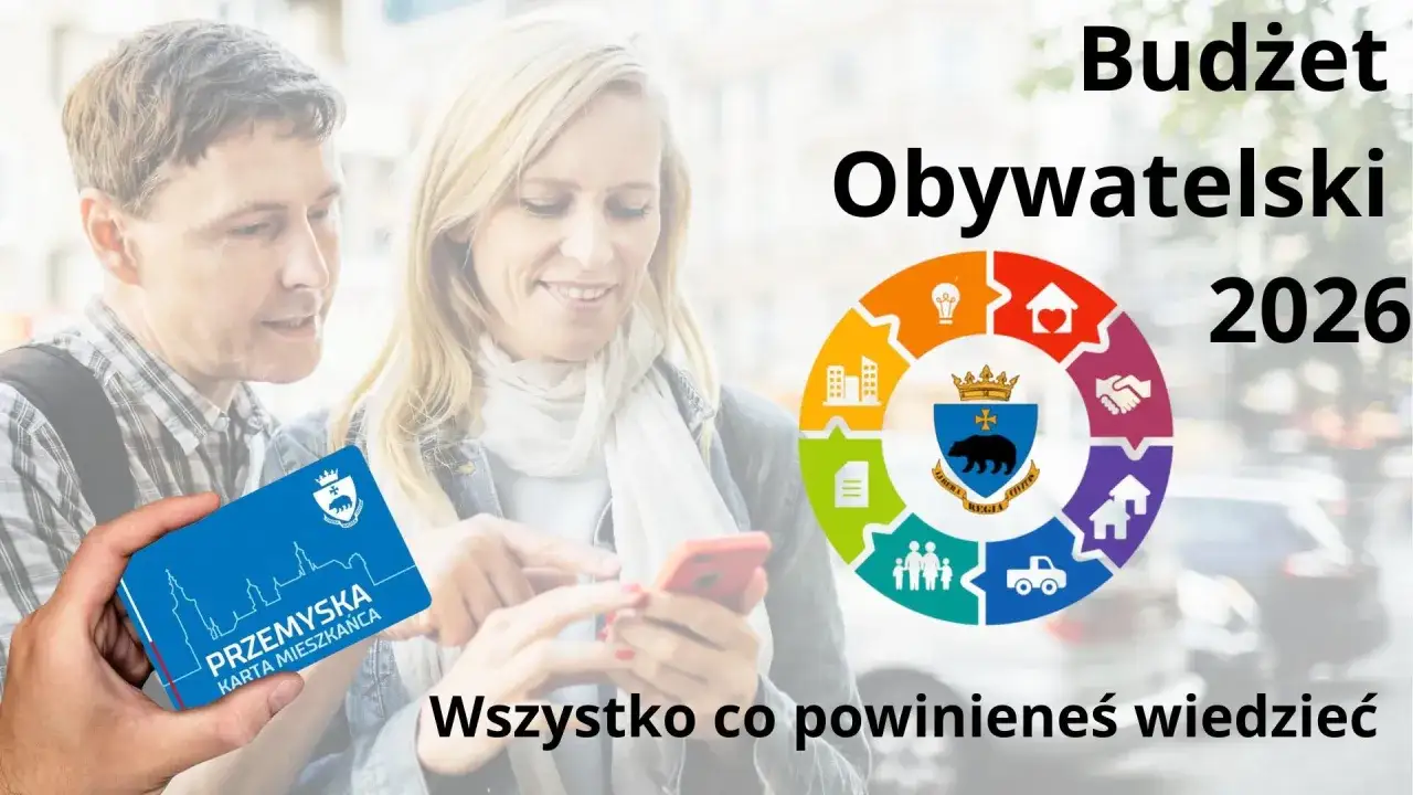 Para pokazuje kartę mieszkańca Przemyśla i symboliczny okrąg z ikonami, nawiązując do budżetu obywatelskiego 2026.