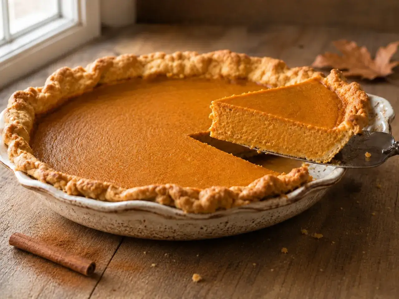 Una deliciosa tarta de calabaza recién horneada, con una porción servida en una pala. El borde dorado y el relleno anaranjado invitan a probarla.
