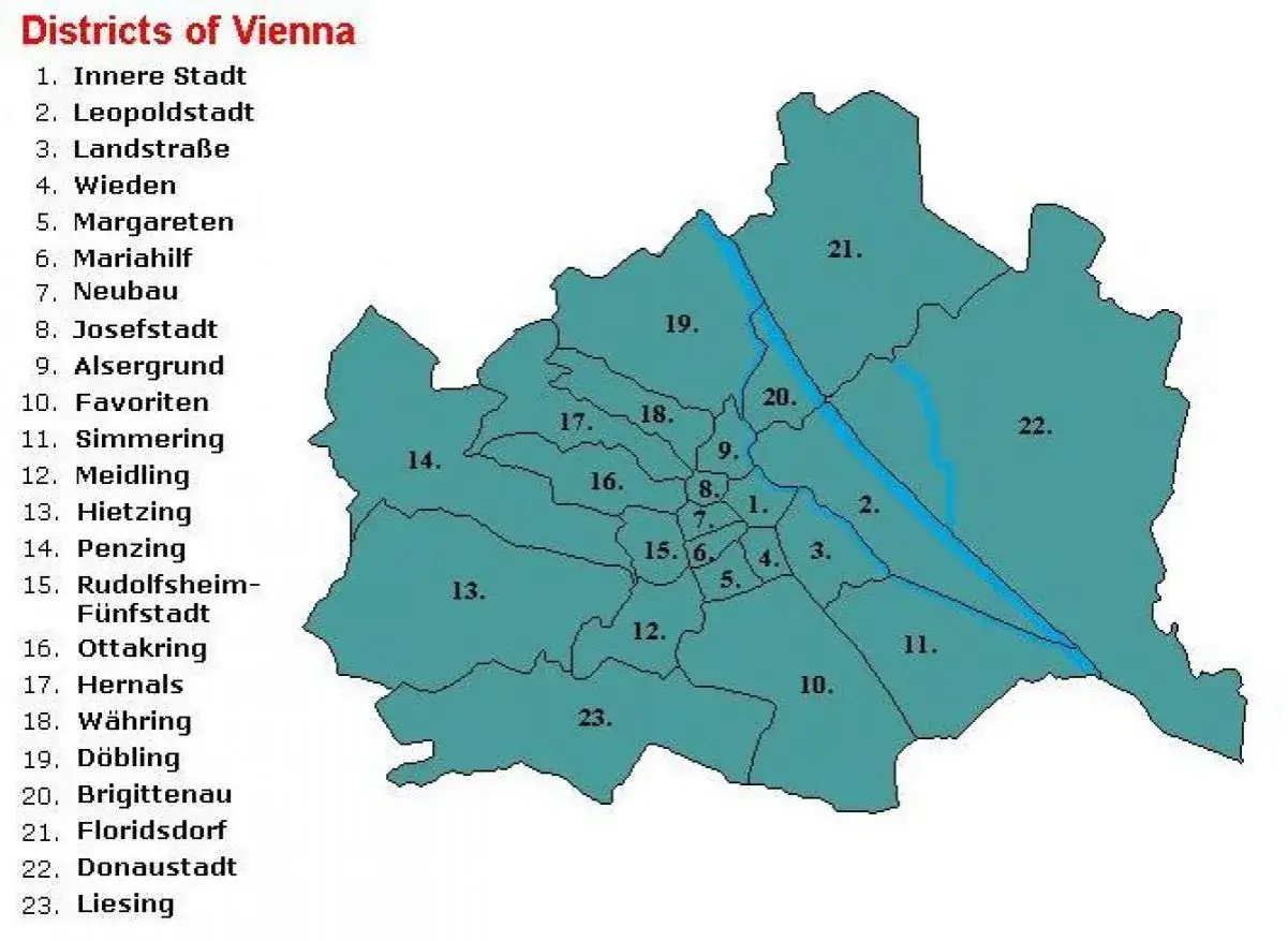 Mapa przedstawiająca podział na wiedeń dzielnice, z numeracją od 1 do 23.