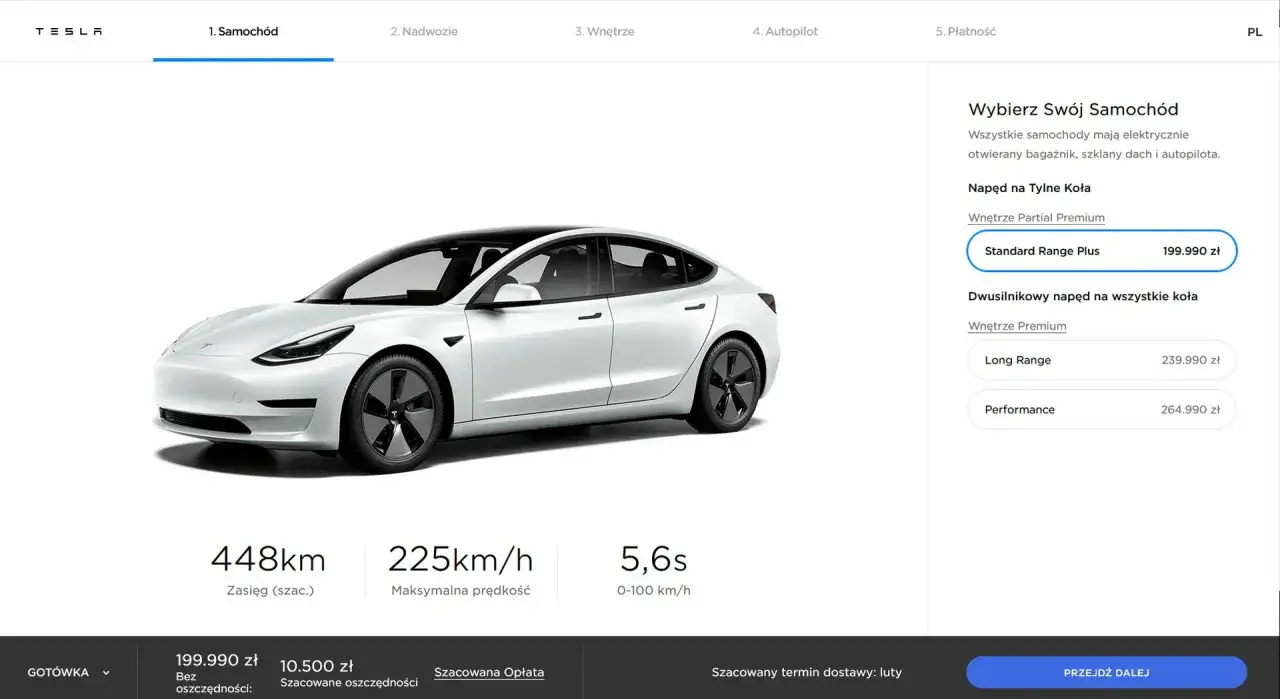 Biały Tesla Model 3. Konfiguracja z napędem na tylne koła, wersja Standard Range Plus, cena 199.990 zł. Zasięg 448 km.