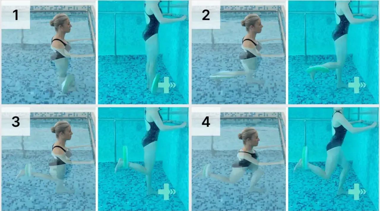 S&eacute;rie d'exercices aquatiques pour soulager la sciatique. Une femme effectue des mouvements de jambes dans l'eau, montrant comment j'ai gu&eacute;ri ma sciatique.