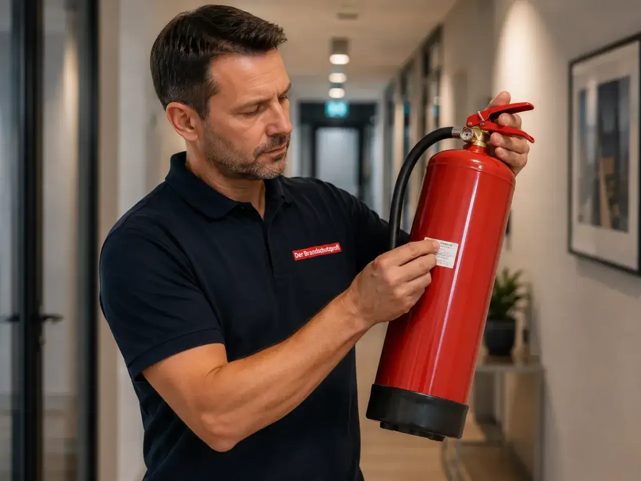 Mann prüft Feuerlöscher. Brandschutzhelfer Pflicht: Regelmäßige Wartung ist essenziell für Ihre Sicherheit.