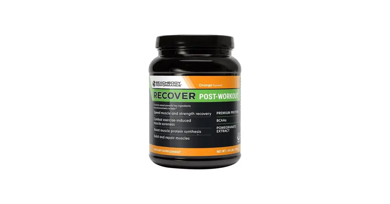 Słoik odżywki Beachbody Recover Post-Workout o smaku pomarańczowym. Idealny, kiedy pić białko po treningu, by wspomóc regenerację mięśni.