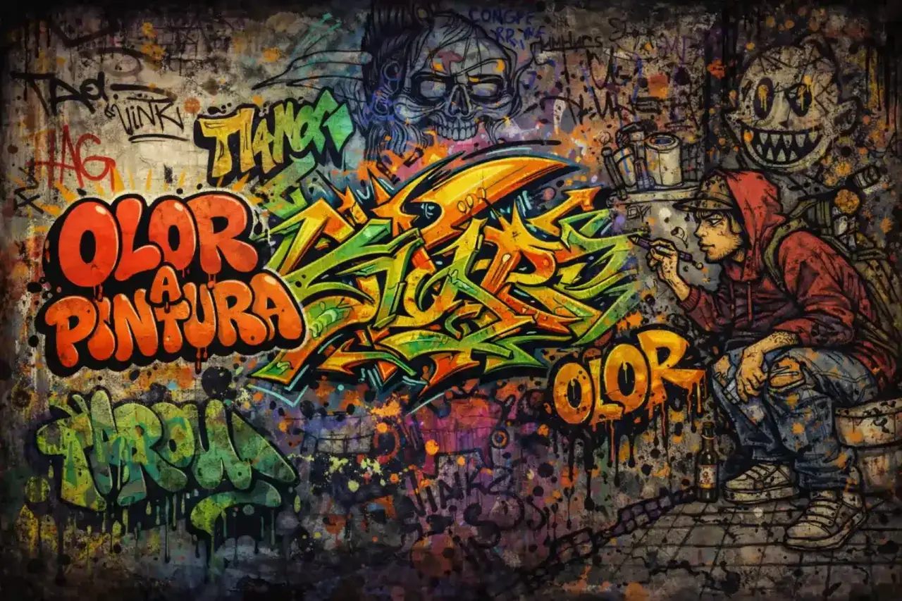 Grafitero crea arte urbano, mostrando diversos tipos de lettering con colores vibrantes y un estilo único.