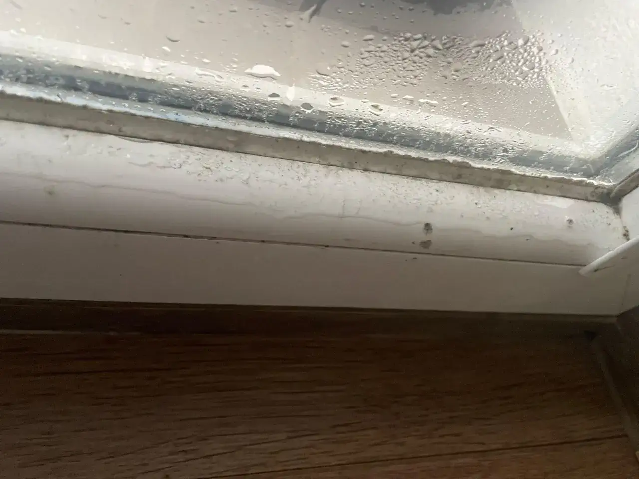 Krople pary wodnej na parapecie i mokra podłoga sugerują, że nawilżacz powietrza działa zbyt intensywnie.
