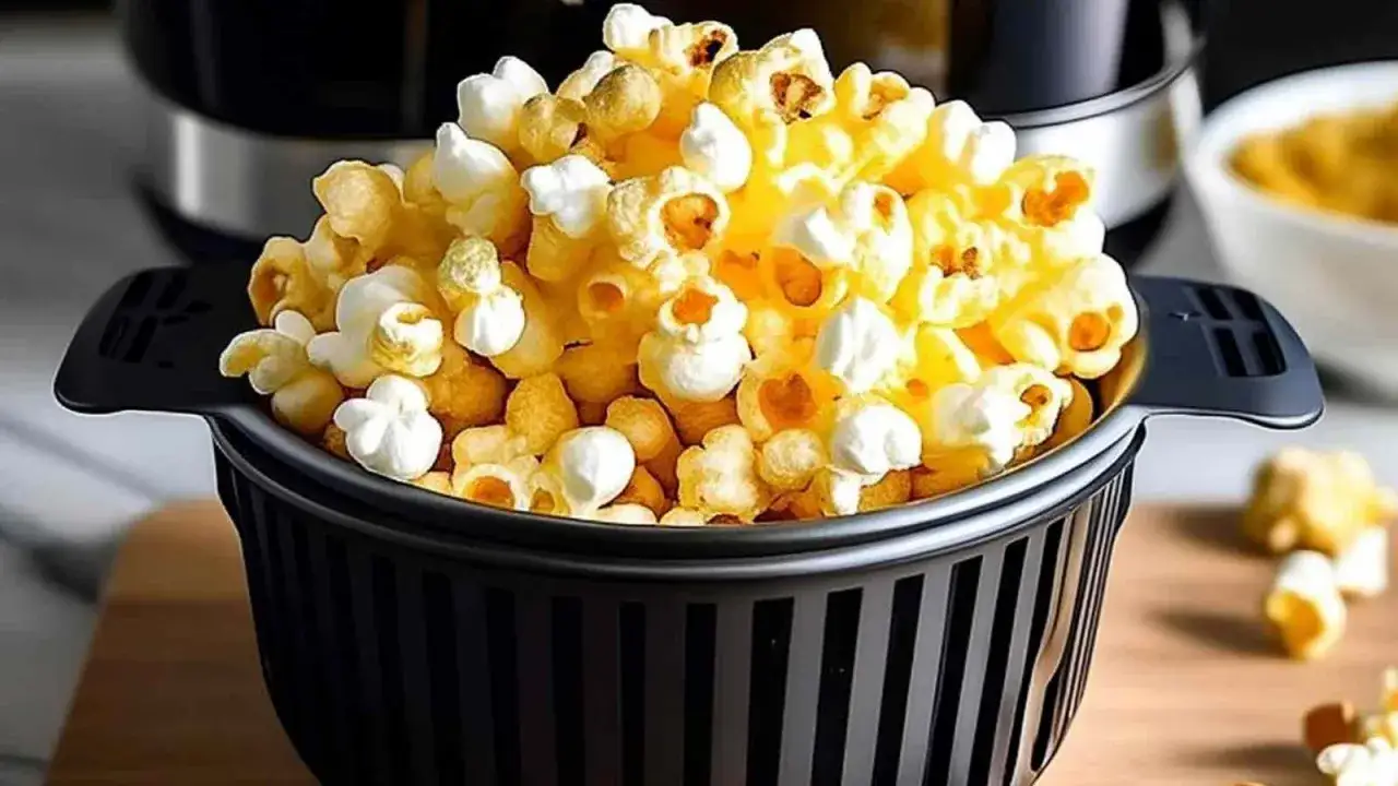 Pyszna, świeża popcorn z frytkownicy beztłuszczowej. Idealna przekąska na wieczór filmowy.