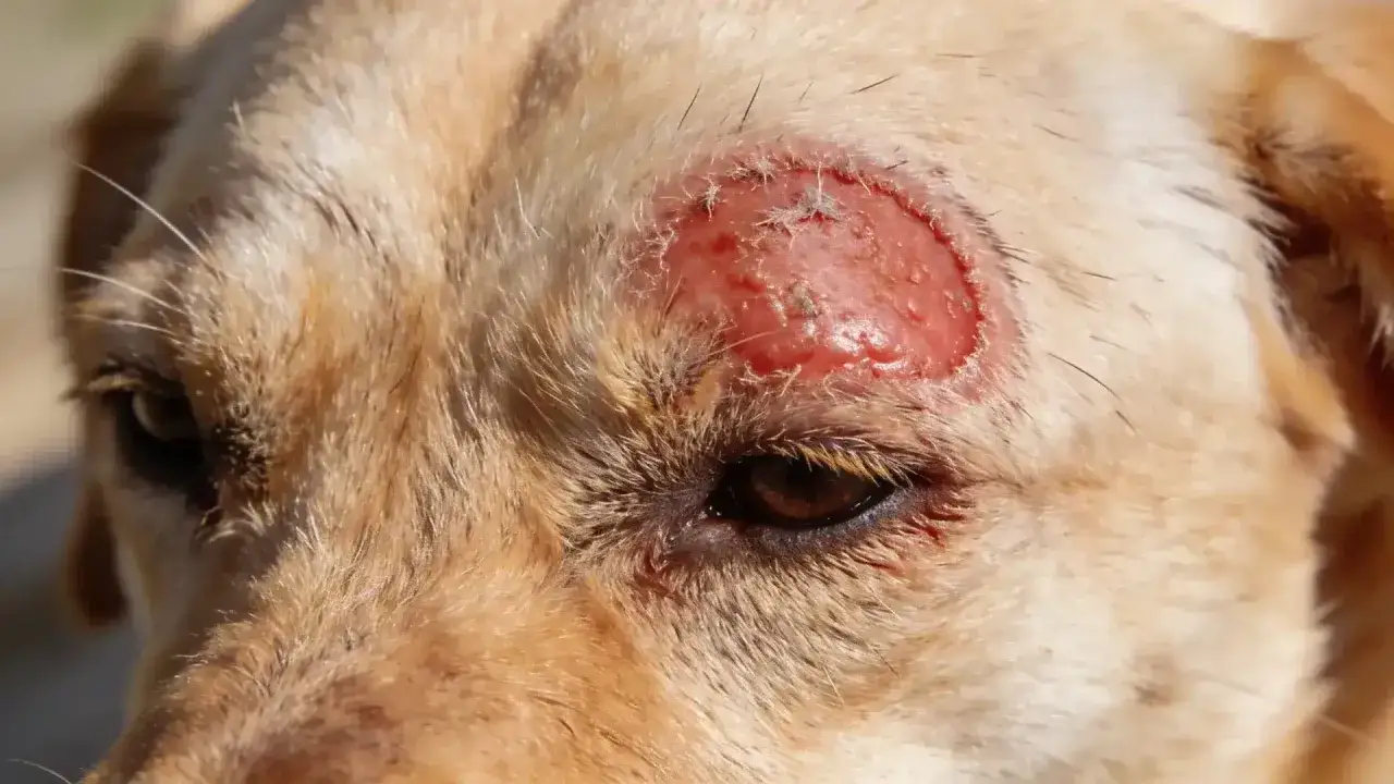 Gros plan sur le visage d'un chien avec une lésion rouge et irritée près de l'œil, possiblement due à une teigne chien.