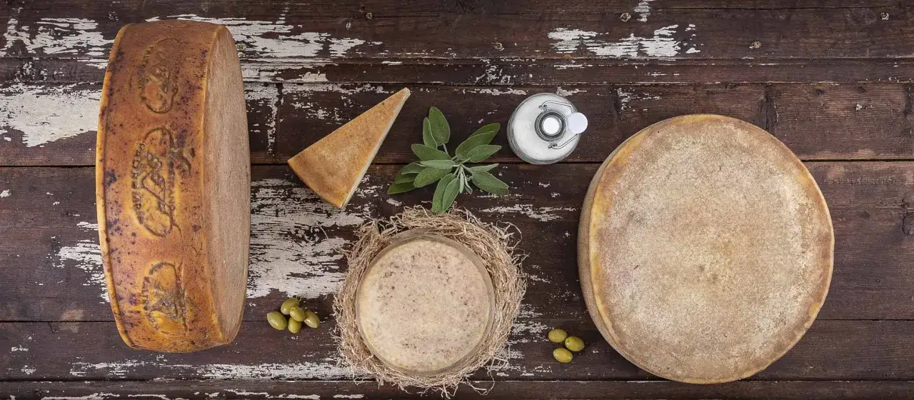 Formaggio con più proteine: un pezzo di Parmigiano Reggiano stagionato, una fetta triangolare, olive verdi, salvia e un vasetto di sale su un tavolo di legno rustico.