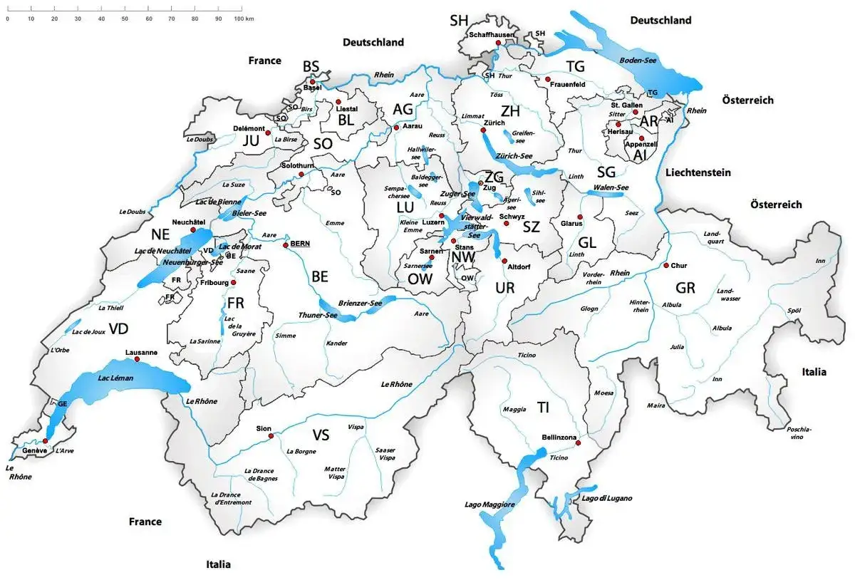 Mapa Szwajcarii z zaznaczonymi kantonami i granicami. Z kim graniczy Szwajcaria? Z Francją, Niemcami, Austrią, Liechtensteinem i Włochami.