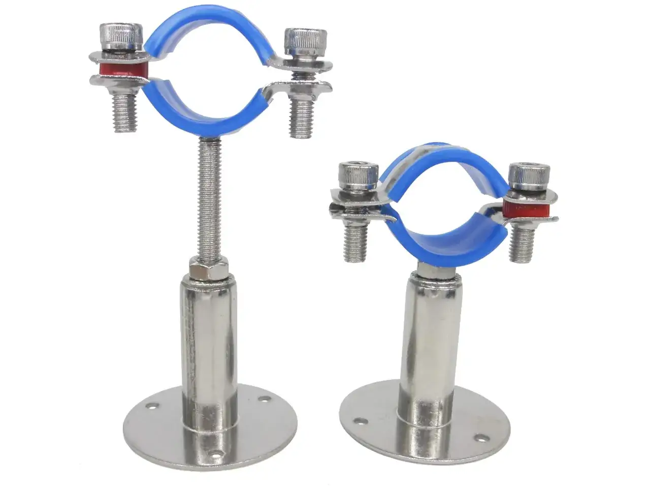 Deux colliers de serrage pour tube en métal avec revêtement bleu, fixés sur des supports réglables en acier inoxydable.