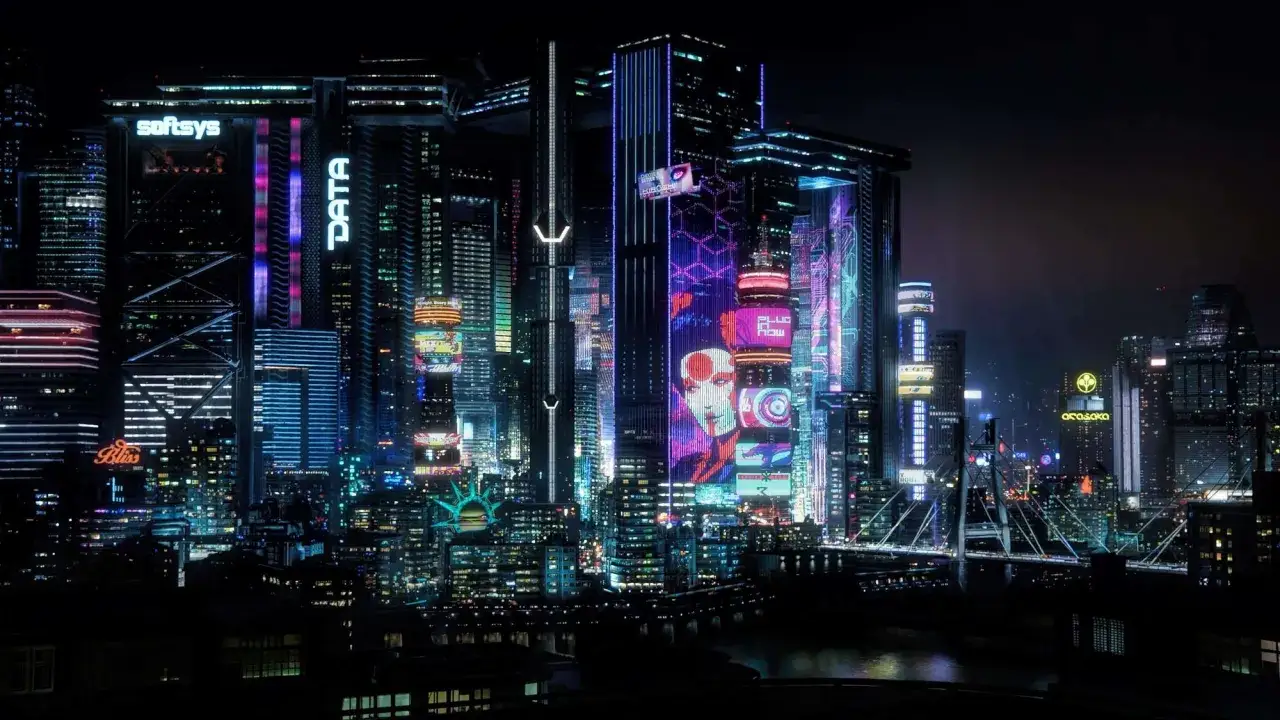 Nocne miasto przyszłości, gdzie wysokie progi cyberpunk rozświetlają neonowe reklamy i futurystyczne budowle.