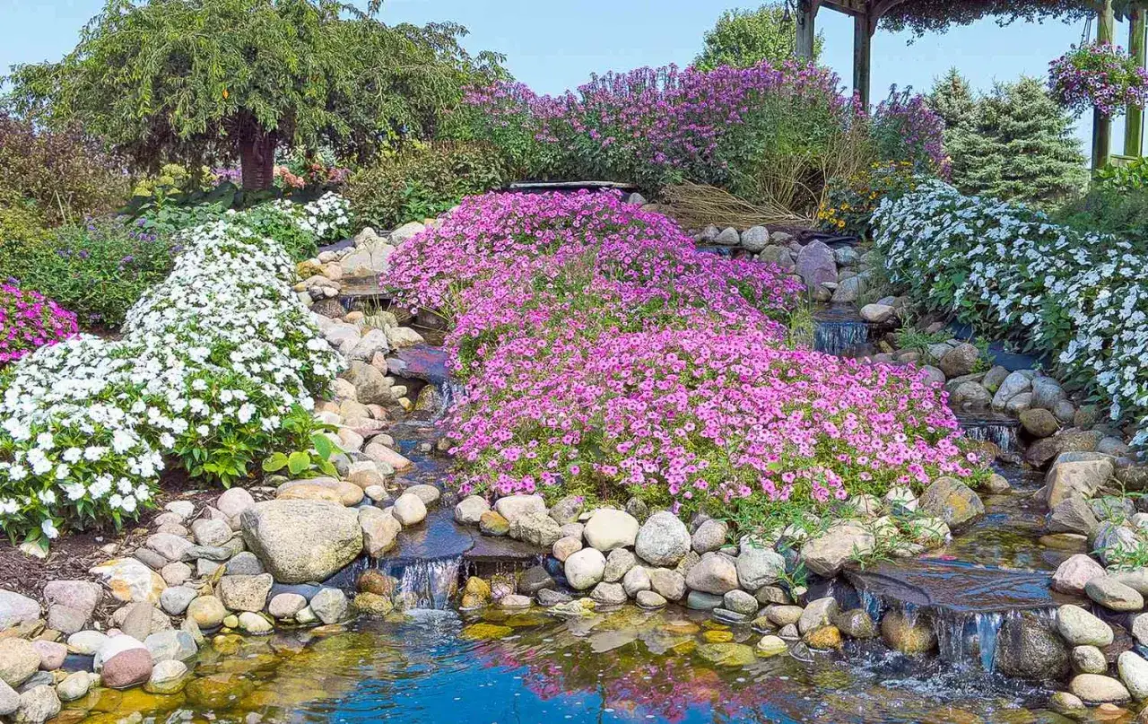 Cascada con flores rosas y blancas, rocas y agua. Inspírate para saber como hacer una rocalla.