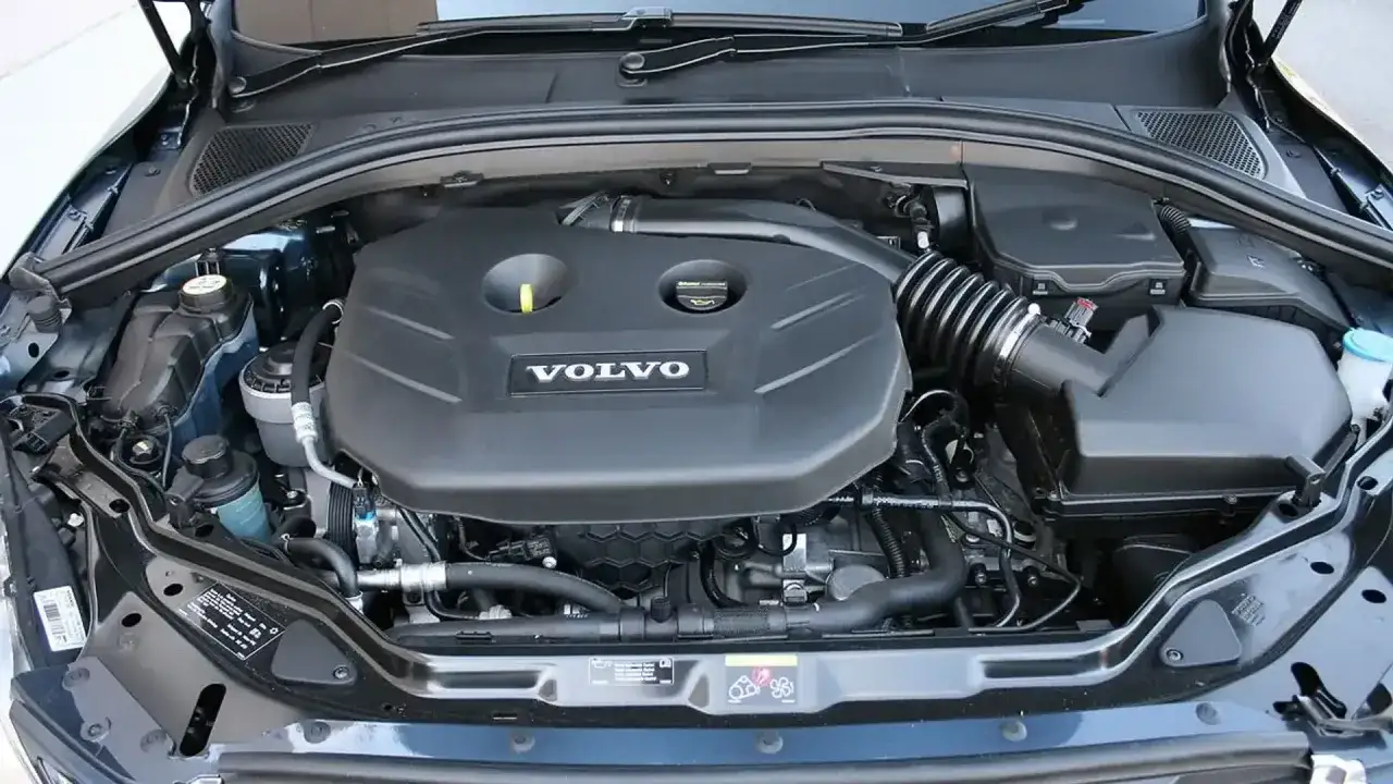 Silniki Volvo XC60: widok na czarny, nowoczesny silnik z logo Volvo.