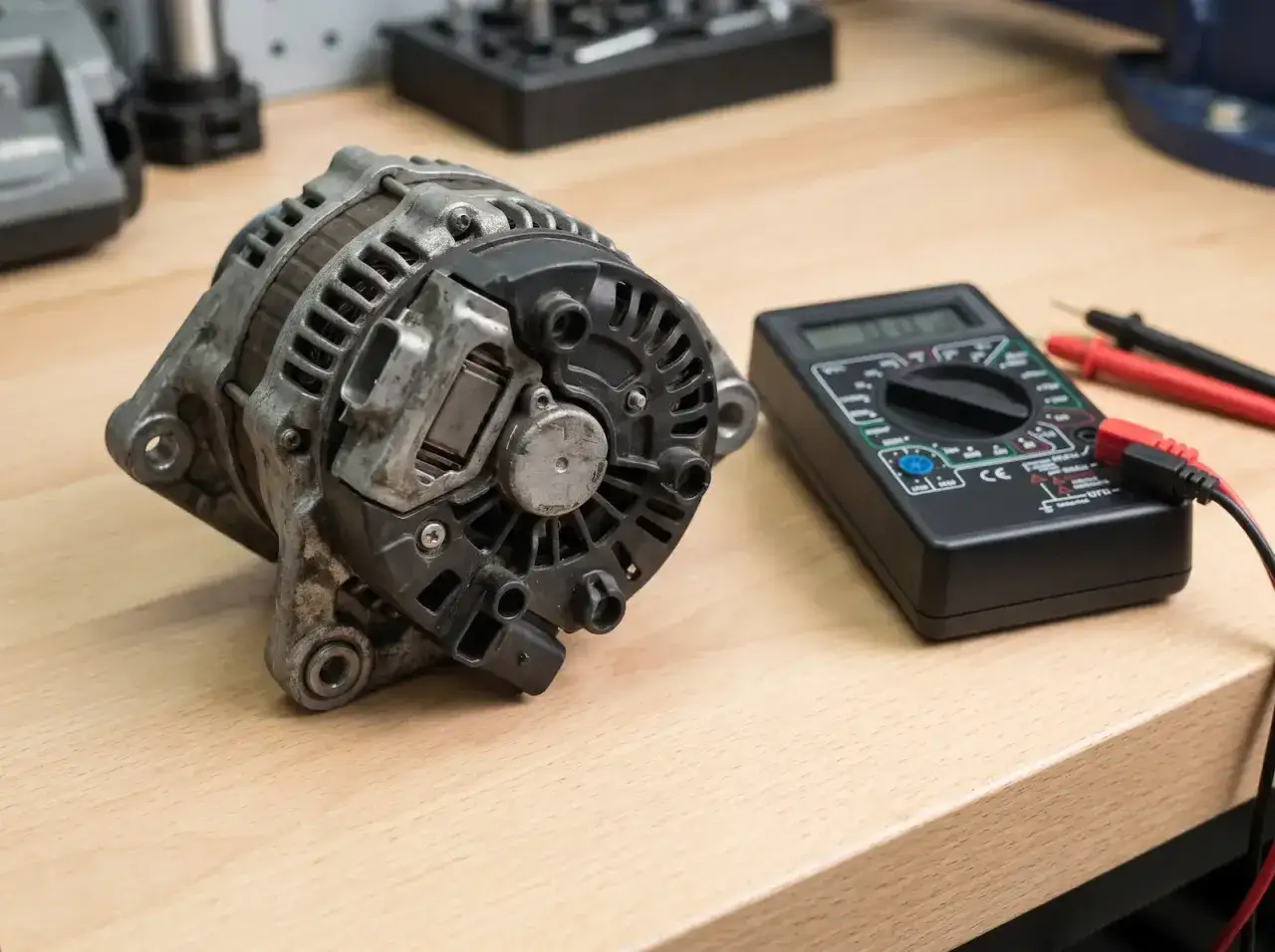 Uszkodzony regulator napięcia objawy: alternator i multimetr na drewnianym stole.
