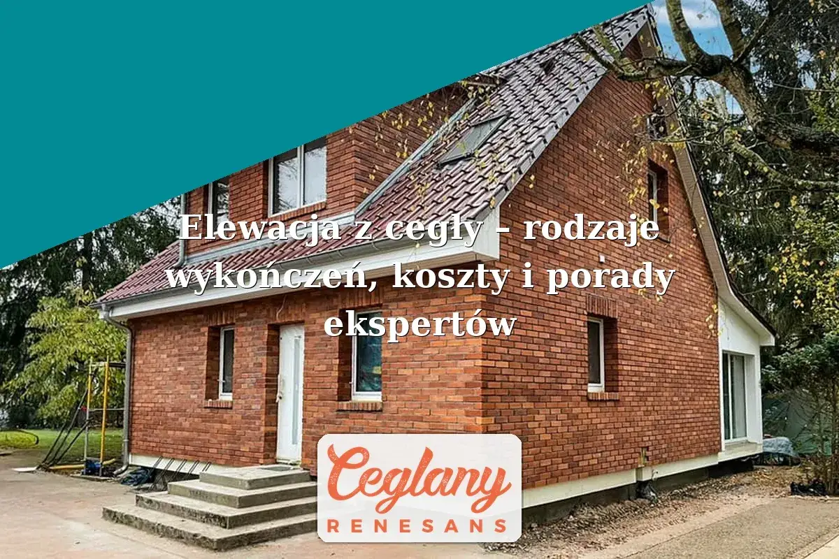 Elewacja domu z cegły w odcieniu **kolor ceglasty**. Tekst informuje o rodzajach wykończeń, kosztach i poradach ekspertów dotyczących ceglanych elewacji.