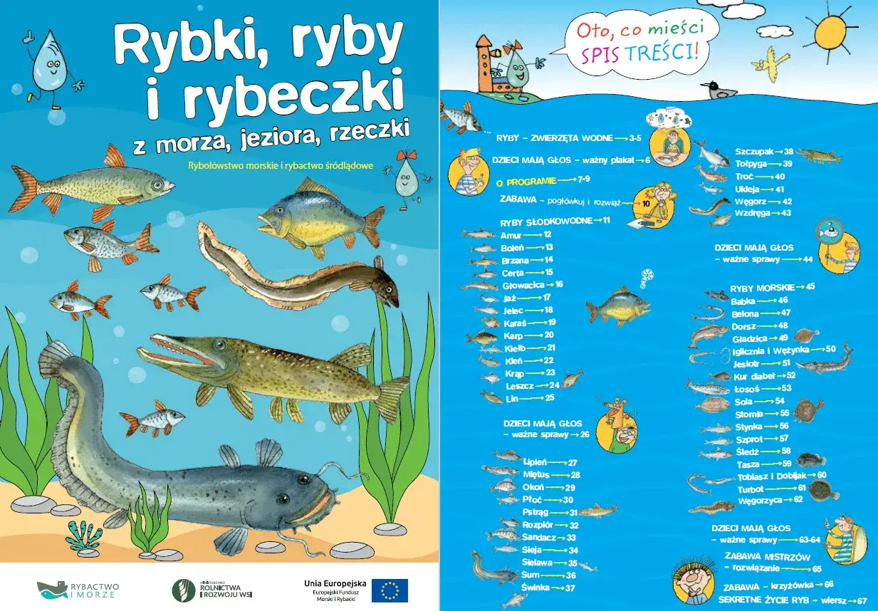 Wesołe rybki, ryby i rybeczki pływają w jeziorze, morzu i rzece. Wszystkie rybki śpią w jeziorze, a obok jest spis treści.