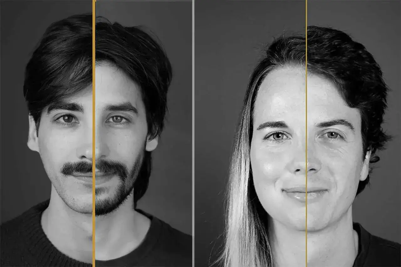 Due volti divisi a metà, un uomo e una donna, uniti da una linea dorata. Un'idea per come fare un ritratto da una foto.